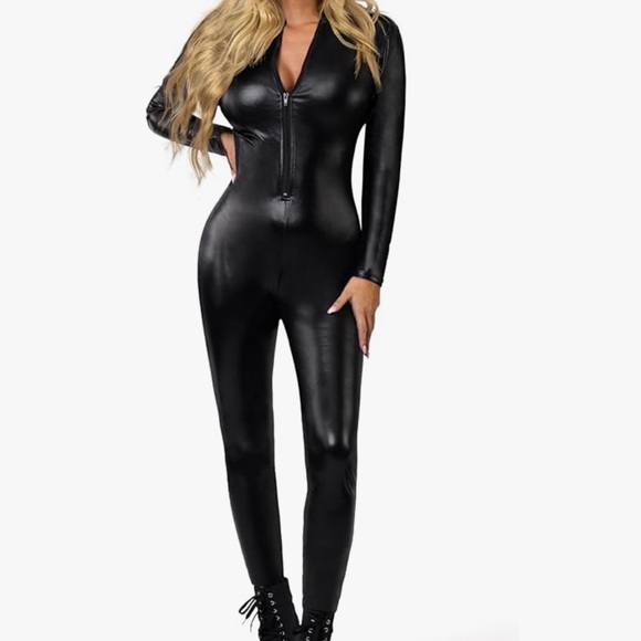 Black vegan patent leather zip bodysuit romper pants jumpsuit goth rave club new - Picture 2 of 3